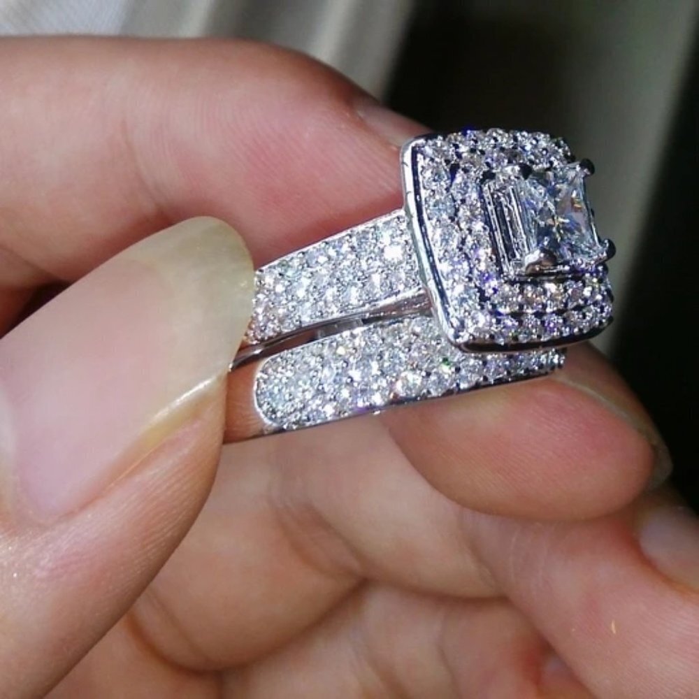 🔥Shiny Princess Cut Square Zircon Delicate Luxury Silver Ring Set, UNVN12306 - Picture 5 of 6